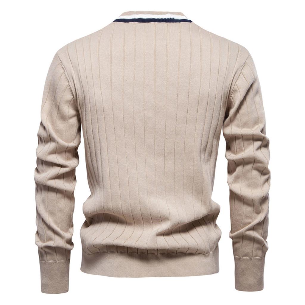 Men's Winter V-neck Long Sleeve Contrast Color Trimming Jacket Men's Loose Solid Color Knitted Cardigan