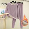 2 Pcs/Set Winter Top Pants Set Thick Plush Round Neck Long Sleeve Elastic Waist Warm Soft Cold Proof Homewear Pajamas Set Thermal Underwear Set
