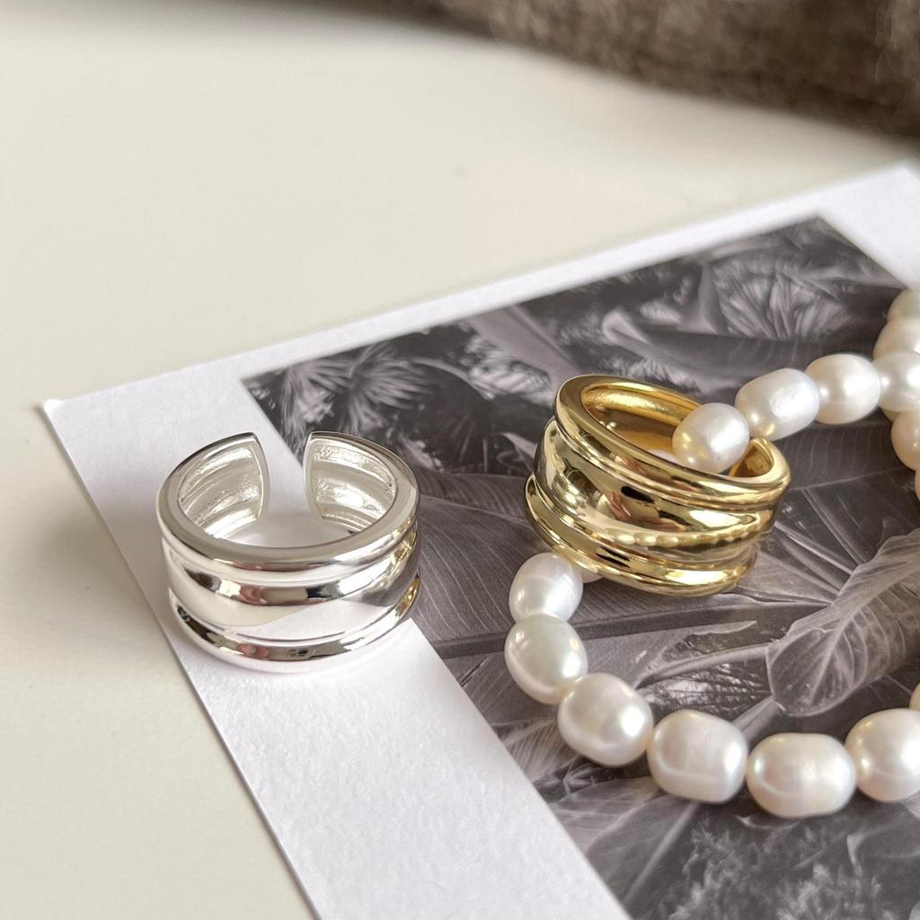 PANJBJ Кольцо из стерлингового серебра 925 пробы, толстое, двойной слой, для женщин, девушек, подарок, минимализм, нейтральное, с открытым дизайном, широкое, ювелирные изделия, дропшиппинг