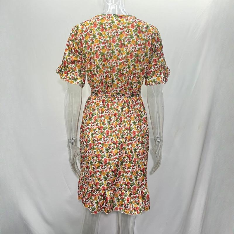 GMXIA Summer Printed V-Neck Tie High Waist Chiffon Floral Dresses