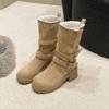 Winter Women Plush Warm Snow Boots Fashion Khaki Suede Leather Elegant Platform Short Boots 6cm Square Heel Casual Ladies Shoes