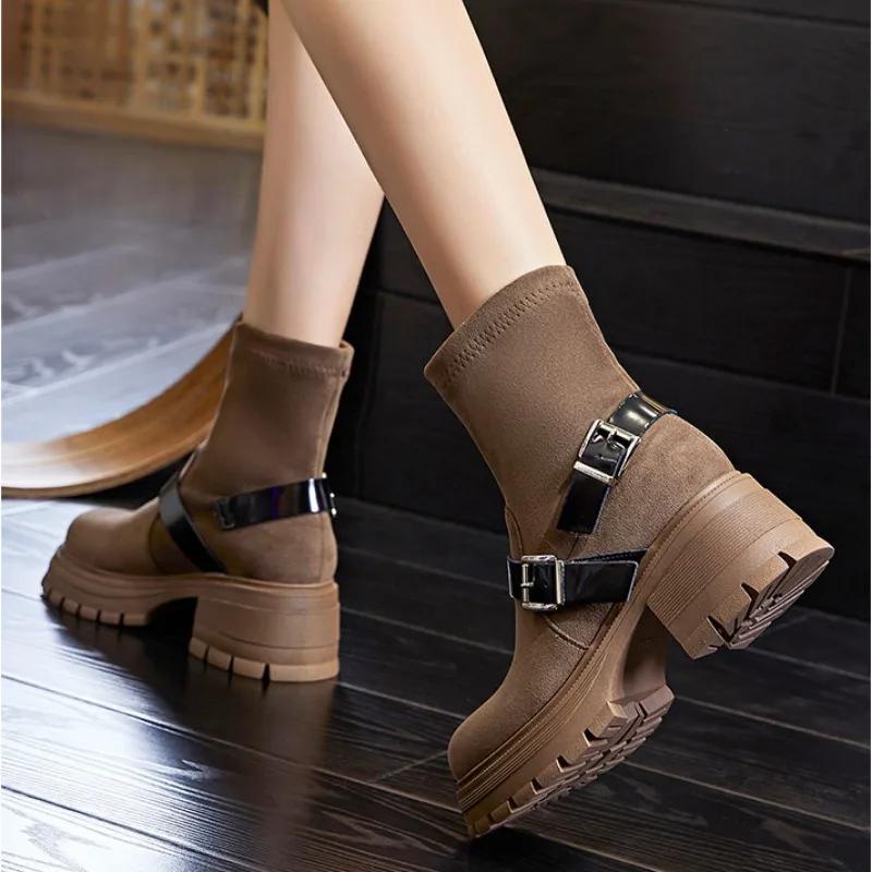 Модные эластичные носки, сапоги, весна/осень, короткие сапоги на толстом каблуке для женщин, универсальная женская обувь, модная женская обувь до середины икры