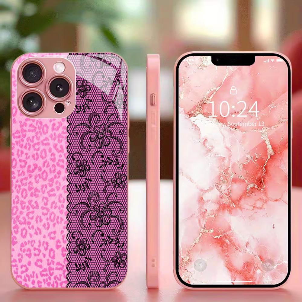 Luxury Pink Leopard & Lace phone case mobile phones for iphone 17 pro max cover Glass for iPhone 17 16 15 14 13 12 11pm Pro Plus