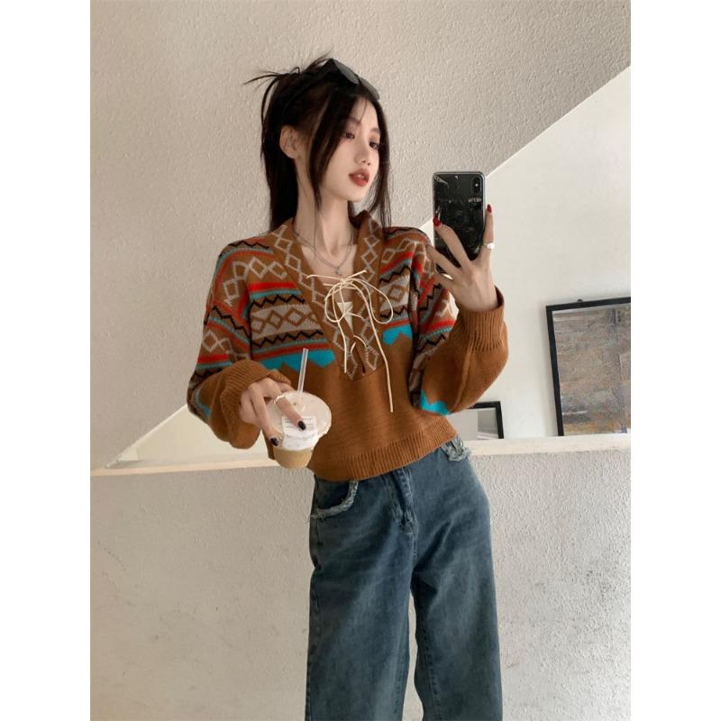 Винтажные свитера женские на шнуровке элегантные уютные с V-образным вырезом модные женские пуловеры в стиле BF трикотаж Ulzzang классический уличный стиль осень