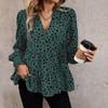 Women Fashion Long Sleeve V Neck Ruffles Leopard Printed Pullover Shirt Blouse Top