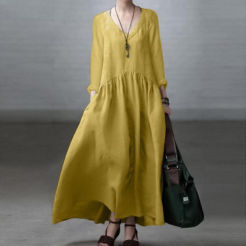 2025 Spring Autumn Women's V-Neck Maxi Dress, Flowy Long Sleeve Swing Dress with Relaxed Fit, Elegant Solid Color Casual Dress for Daily Wear