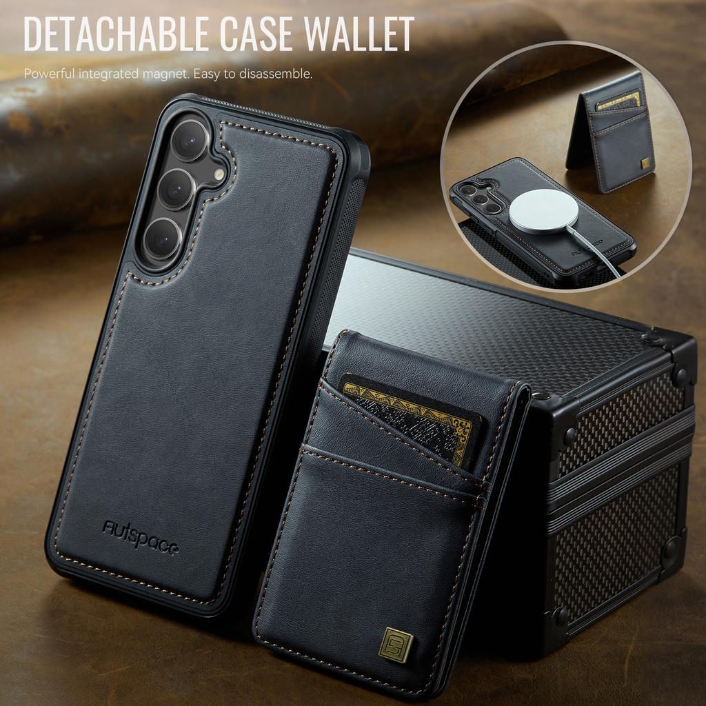 For Samsung Galaxy S25/Galaxy S24 Case AUTSPACE A12 Leather Back Cover with Magnetic Detachable Card Bag Kickstand