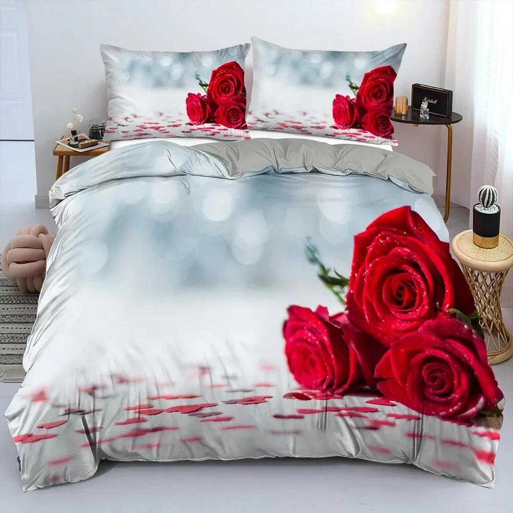 Valentine's Day Wedding Rose Flower Comfortable Duvet Cover Pillowcase Bedding Set Children Bedroom Decoration Home Textile