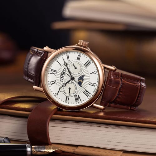 Time100 Men's Watch with Date, Day of the Week, and Day/Night Display, Made In Japan Movement, Brown Leather Strap, Rose Gold, for Businessmen and Adu