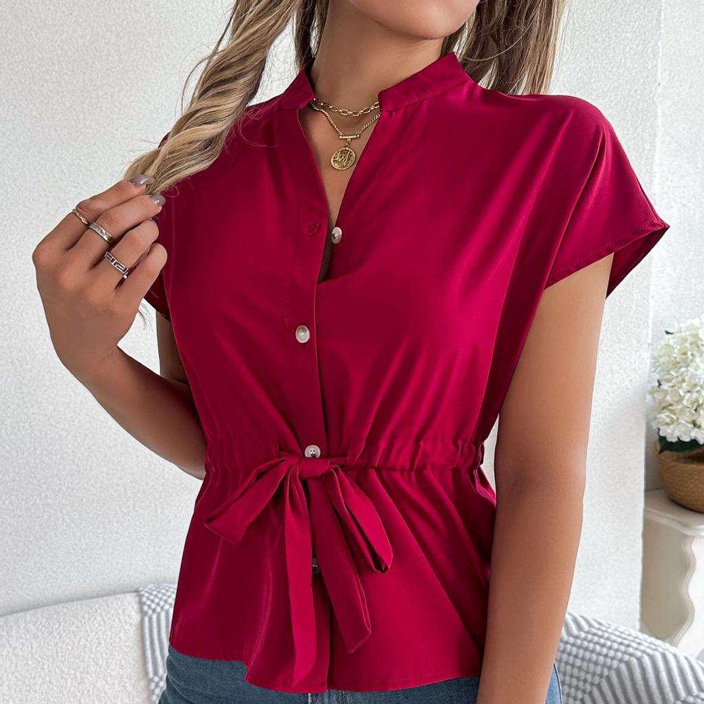 Women's Loose Casual Solid Color Button Drawstring Short Sleeved Shirt Top Short Sleeved Shirt Top