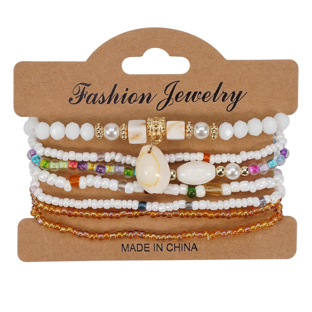 Bohemian Seashell Pendant Women's Elastic Bracelet with Seed Beads, 7 Strands