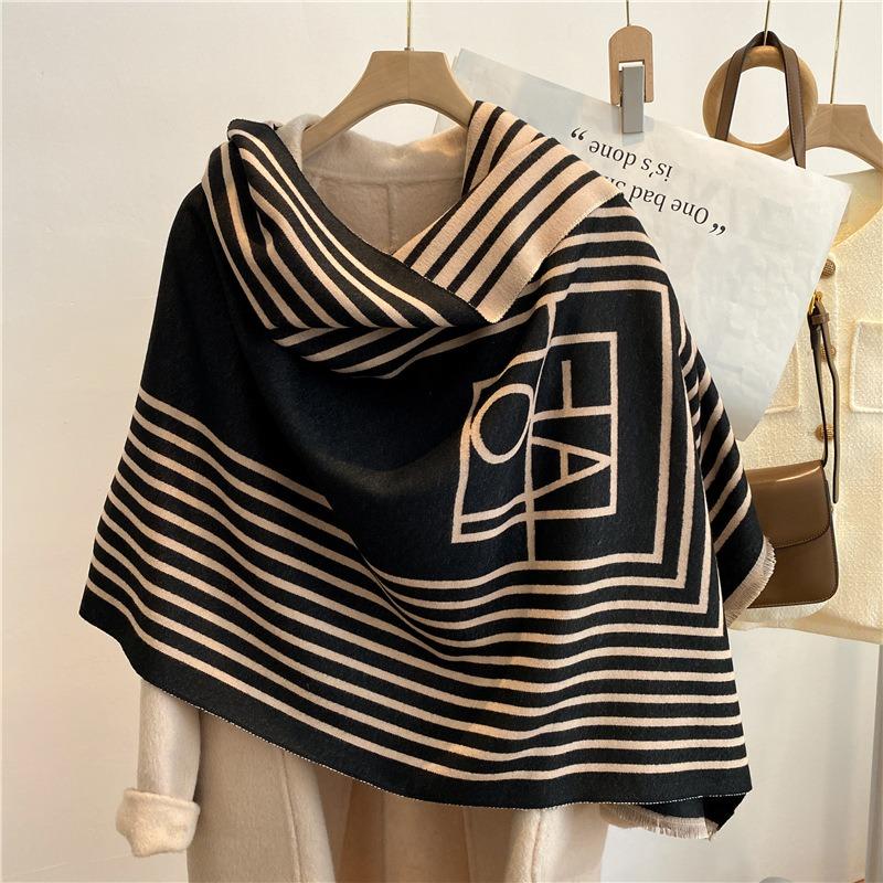 Autumn and Winter New Imitation Cashmere Scarf Women's Geometric Striped Double-sided Warm Fringed Scarf Fashionable
