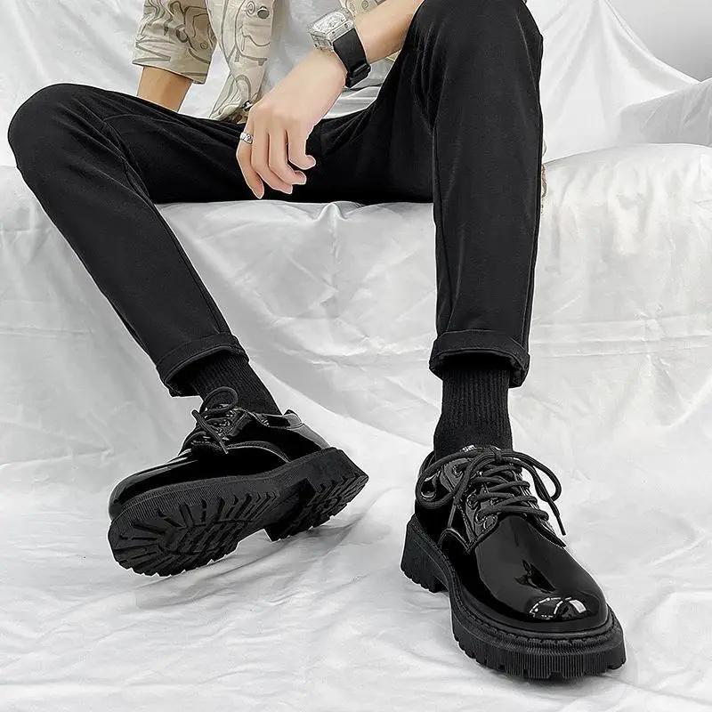 Lace Up Black Men's Leather Shoes Office On Sale Designer Classic Original New In 2025 Trend Social Pu Male Casual Shoe