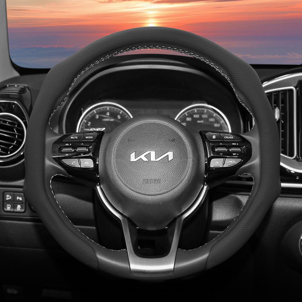 Подходит для Kia, Чехол на руль из перфорированной кожи, Нескользящий, Впитывающий пот, Дышащий, Интегрированный защитный чехол Sportage K5 Seltos Fort