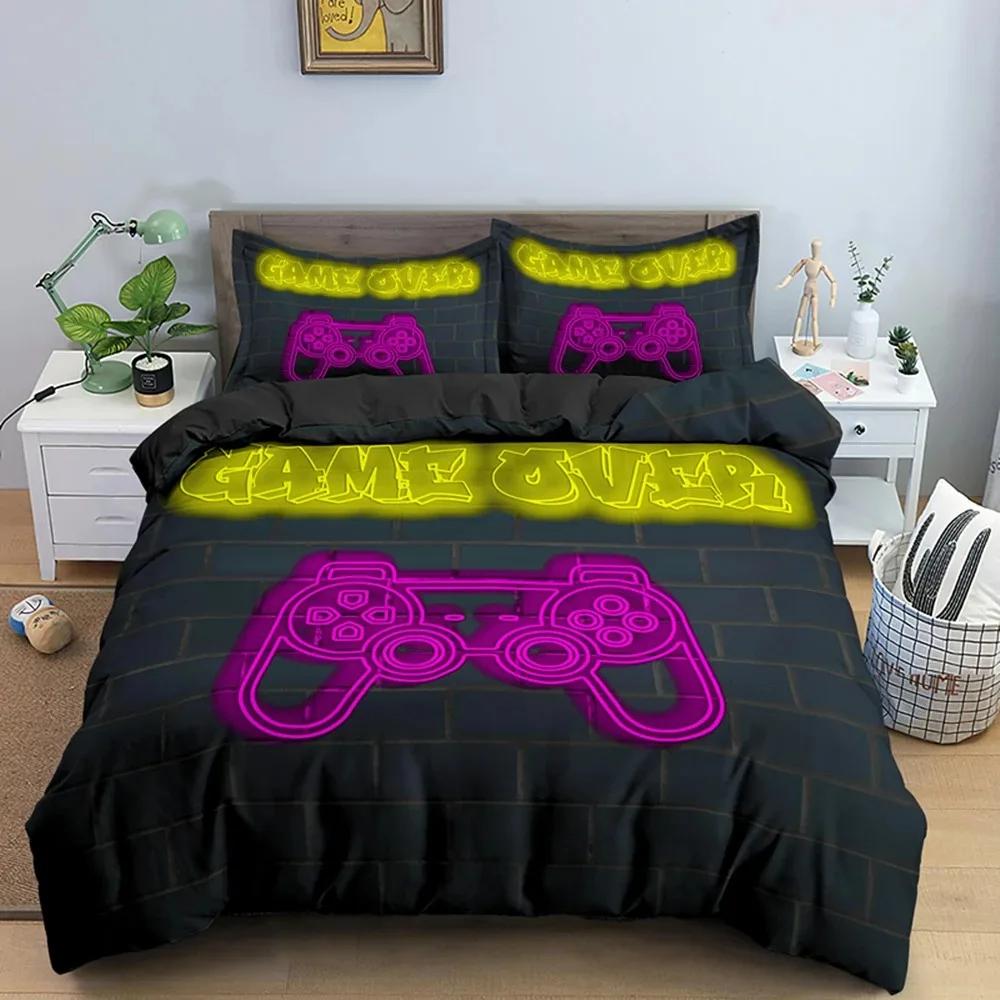 Gaming Gamepad Video Game Neon Comfortable Duvet Quilt Cover Pillowcase Bedding Set Children Bedroom Decoration Home Textile