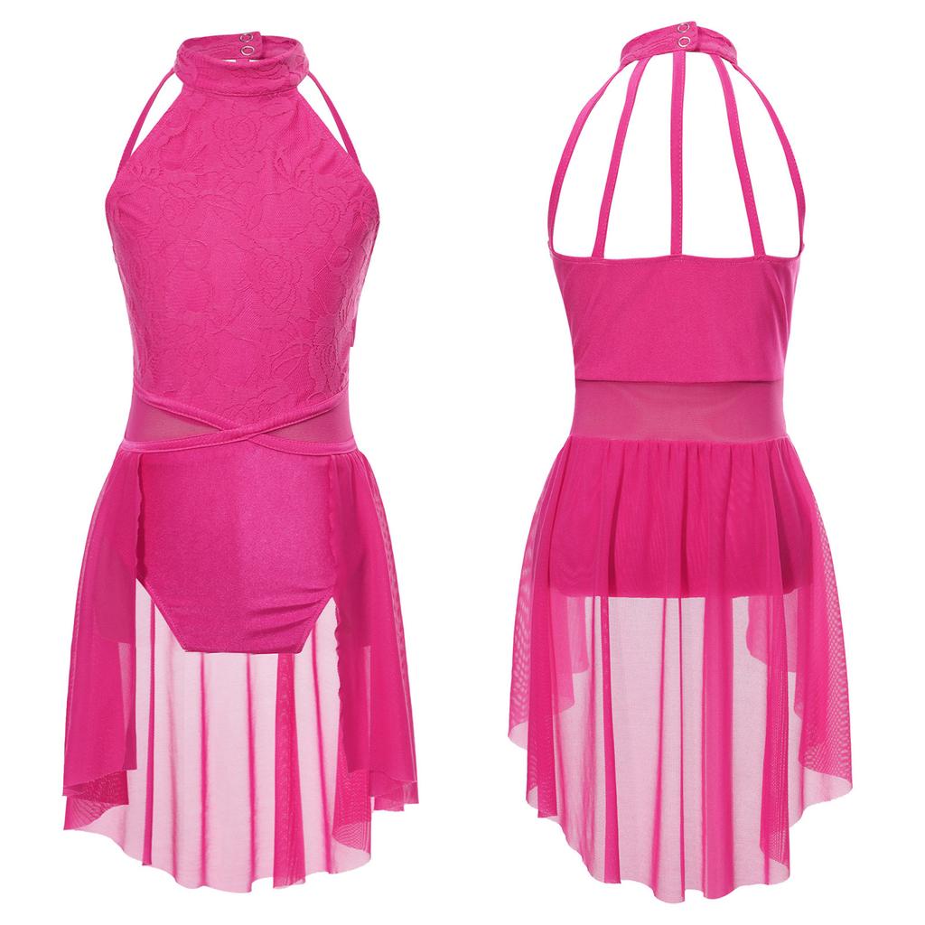 Девочки Кружевной Цветочный Танцевальный Купальник Без Рукавов Круглый Вырез Полая Спина Лоскутный Дизайн Неровный Подол Боди с Открытой Передней Частью