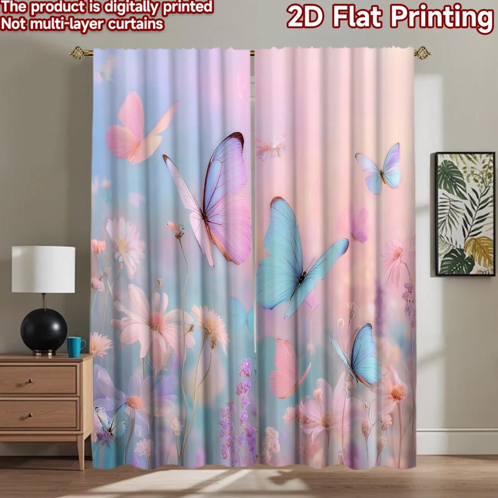 2D flat printing 2pcs Window Curtains Beautiful Butterflies Sky Pastel Fantasy Digital Printed Polyester Drapes Holiday