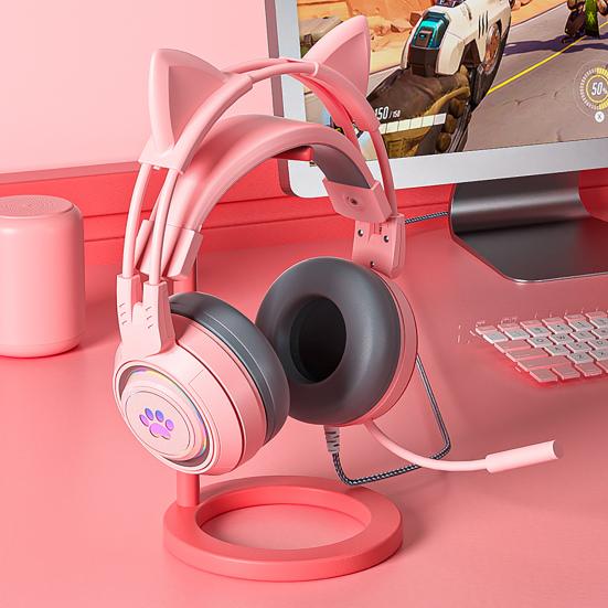 SY-G25 Wired Headphone RGB Lighting Omni-directional Mic Over-Ear Computer Headphone with Cute Cat Ear for E-sport