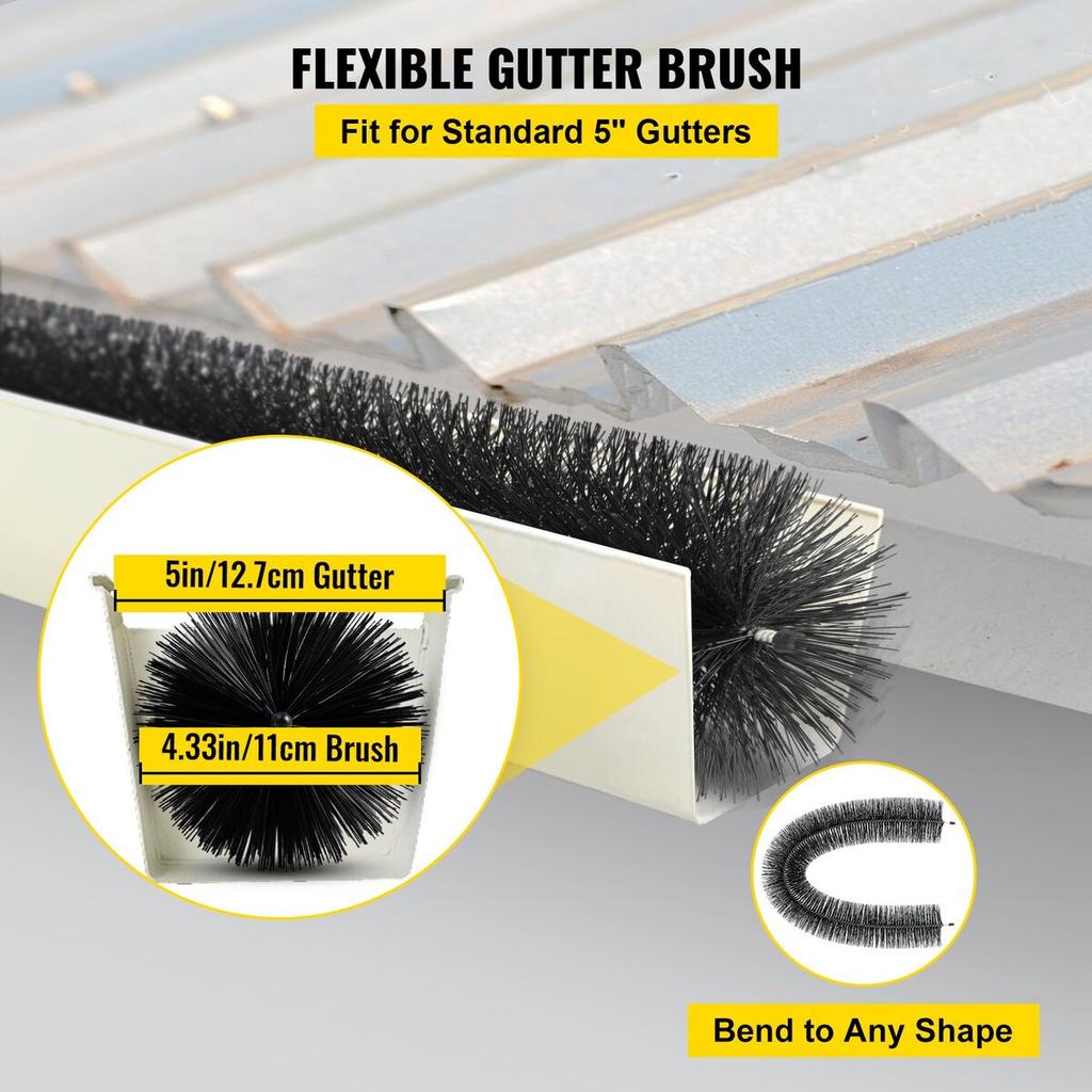 Gutter Guard Brush With 15 FT Length Bristle, 4.33\"(Dia) Gutter Brush Leaf Guard Fit for 5 Inches Gutter, Galvanized Steel Wire Gutter Brush, No