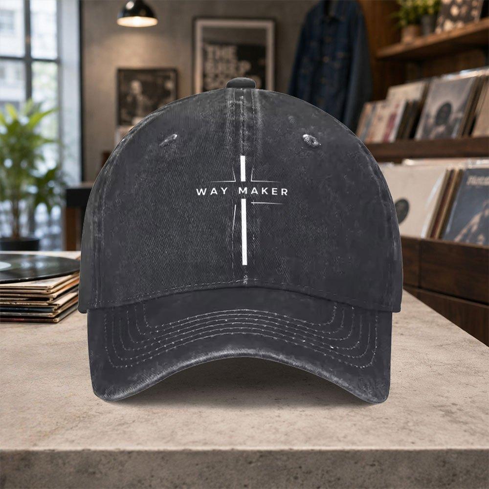 Way Maker Cross Baseball Cap Unisex Adjustable Vintage Washed Lightweight Hook Loop Closure Gift for Unisex Women