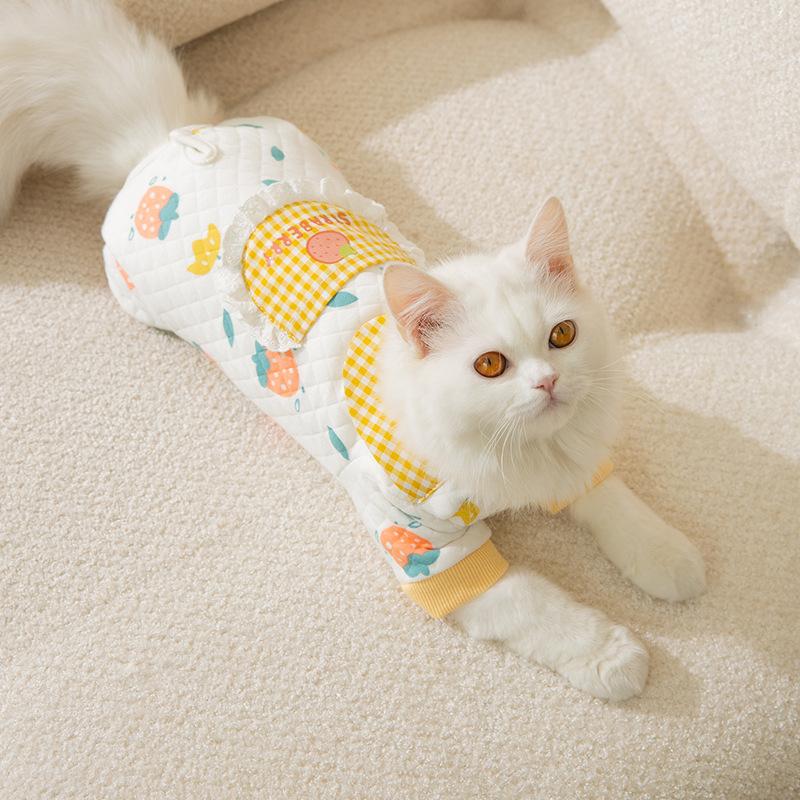 Cat Autumn and Winter Cotton Cartoon Printed Four-legged Belly Coat, Warm Belly Protection Clothes, Dog Belly Pet Clothes