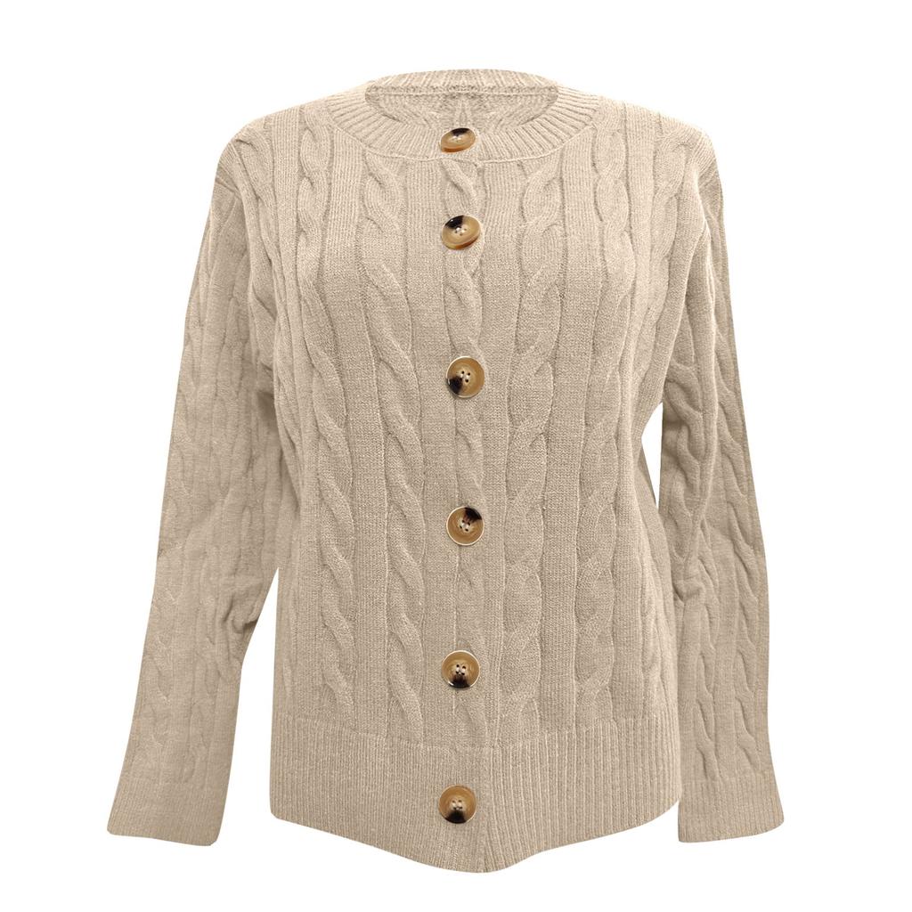 Женская мода однотонный длинный рукав круглый вырез вязаный кардиган пуговиц свитер куртка