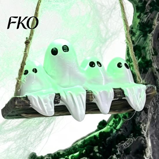 Unique Halloween Centerpiece Ghosts on A Tree Swing Statue, Spooky Light Up Swinging Ghost Seasonal Keepsake for Home Decor Figurine with Spider