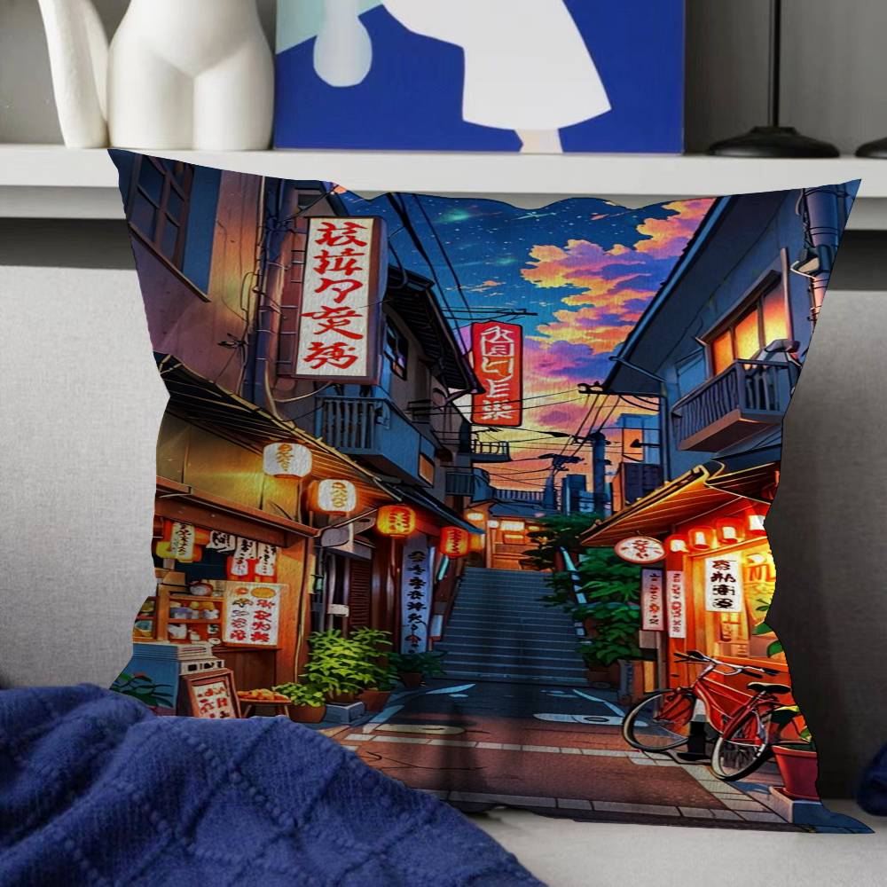 Manga Style Japanese Street Landscape Pillow Cushion Cover Pillowcase Living Room Sofa Home Decor Customized