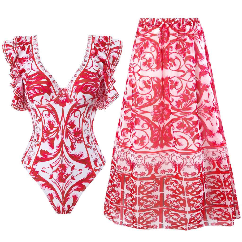 New Sexy One-piece Swimsuit Women's Printed Two-piece Chiffon Skirt Swimsuit Set