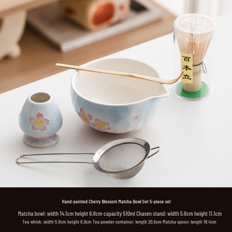 Handmade Japanese Cherry Blossom Matcha Bowl with Whisking Tool, Imitation Song Dynasty Tea Stirrer, and Hyakuhon-date Chasen Stand