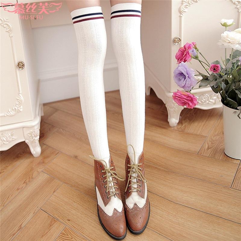 Сексуальные носки для девочек, длинные носки в японском стиле, темно-синие хлопковые чулки выше колена с тремя полосками