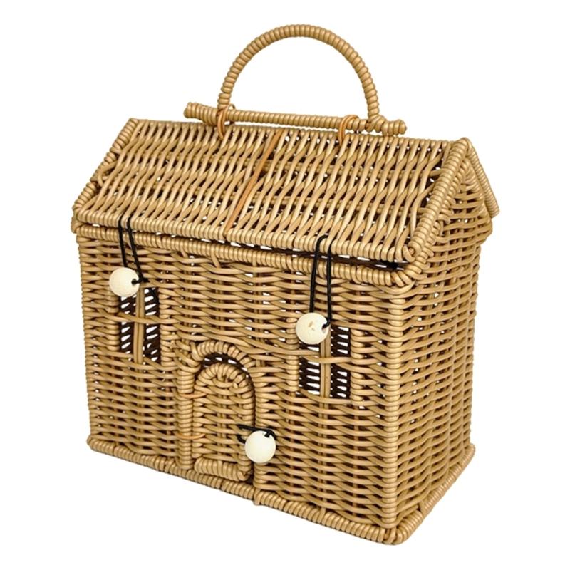 Creative House Shape Woven Rattan Storage Basket Featuring Portable Handle for Home Decors Picnics Gift User Friendly Materials