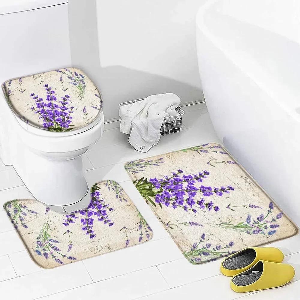 Purple Lavender Bath Mat Set Nature Flowers Plants Butterfly Modern Home Carpet Bathroom Decor Non-Slip Rugs Toilet Lid Cover
