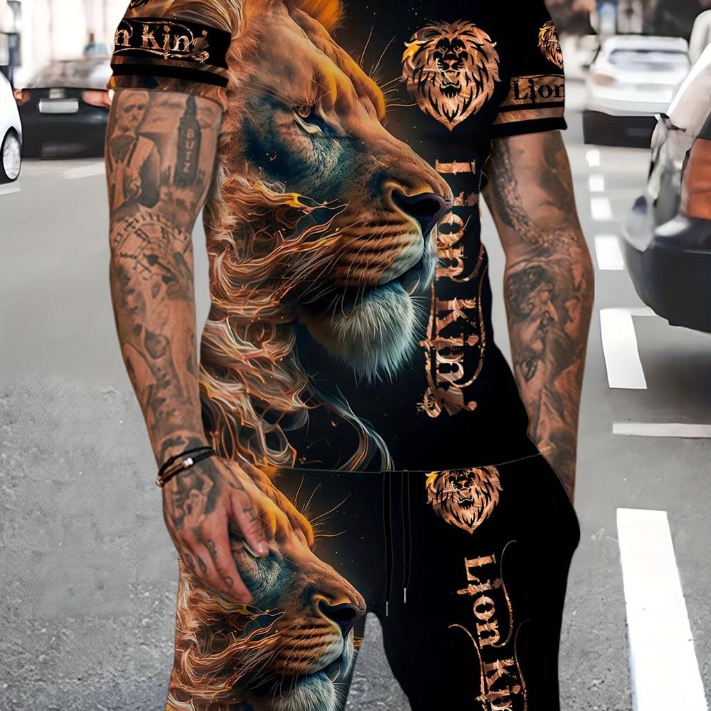 Lion 3d Pattern, Mens 2 Piece Outfits, Short Sleeve Comfy T-shirt And Casual Shorts Set For Summer, Men's Clothing