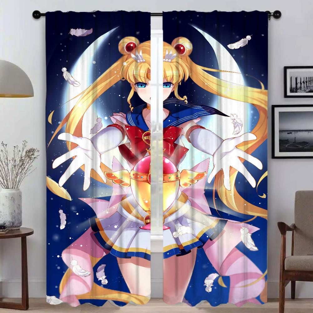SailorS Moon Anti-mosquito Curtains 2 Pieces Modern Living Room Curtains for Camera Halloween Decoration Window Curtain Shades