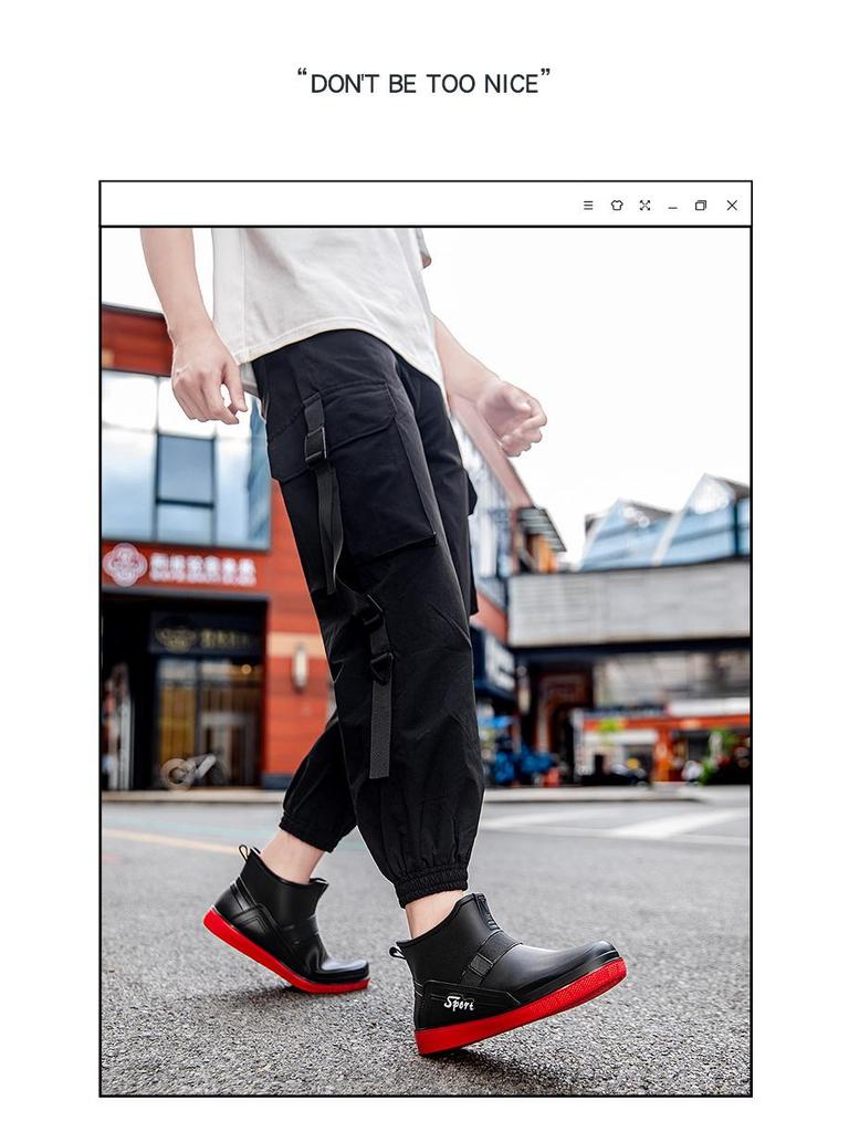 Мужские короткие модные резиновые сапоги - Черные/Красные, средней высоты голенище, со шнурком, светоотражающие резиновые сапоги для ходьбы по воде и рыбалки.