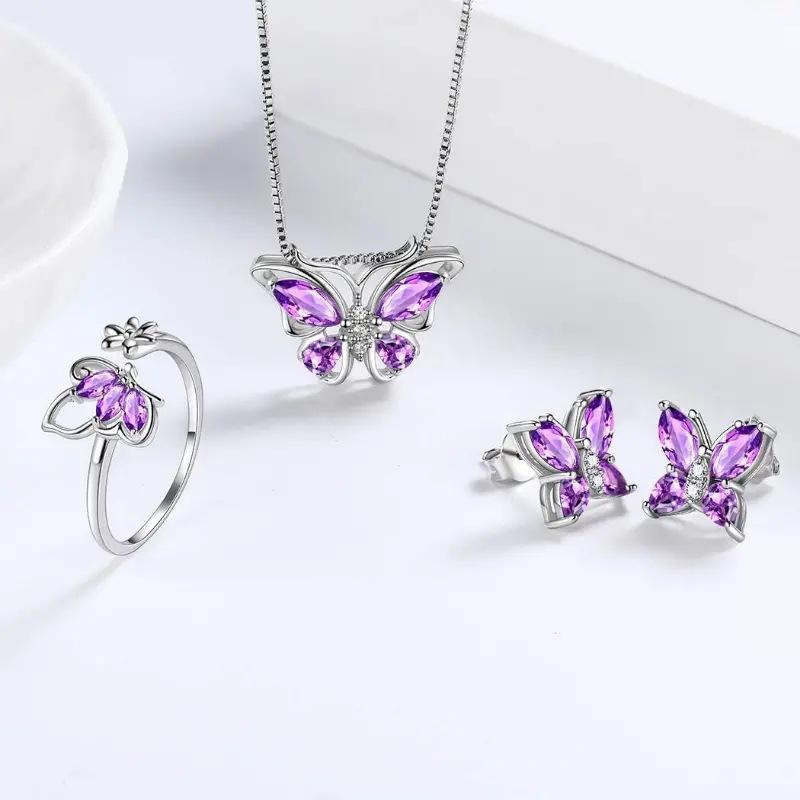 Butterfly Pendant Earrings Necklace Ring Jewelry Set