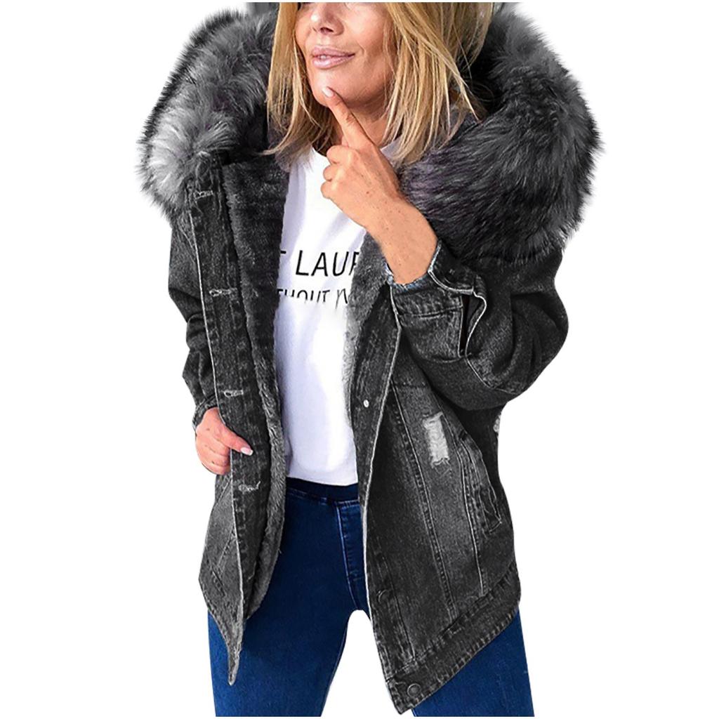 Women's Fashion Loose Denim Buttons Cotton Long Sleeve Plus Fleece Jacket