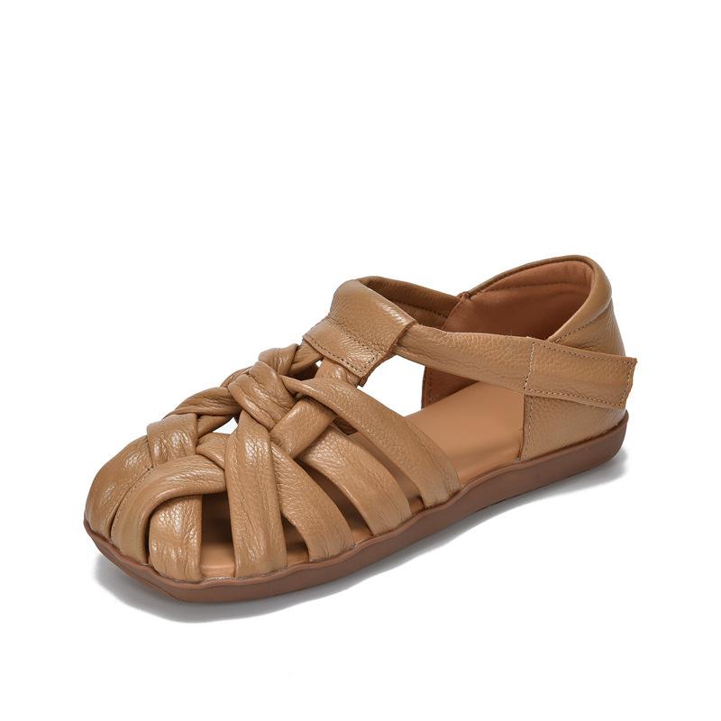 Johnature Ретро-сандалии на плоской подошве с квадратным носком для женщин из натуральной кожи с мягкой подошвой и ажурной отделкой - римские туфли