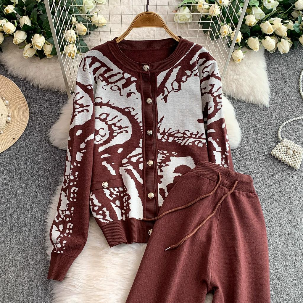 Autumn Winter Women Vintage Print Knitted Sweater Trouser Two Piece Set Full Sleeve Cardigan Tops and Drawstring Wide Leg Pant Suit