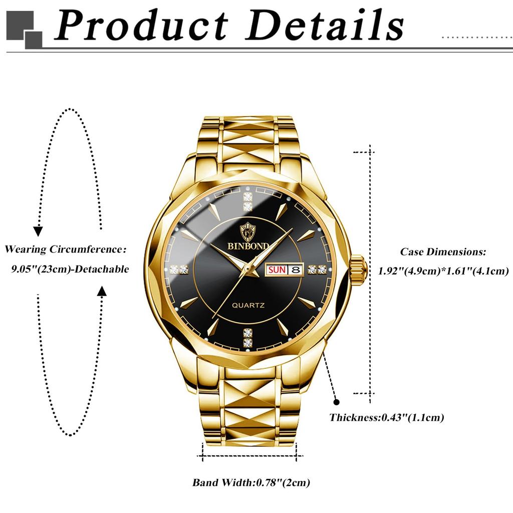 Gold Analog Simple Day of the Week Calendar 3ATM Waterproof Casual Business Stainless Steel Strap Watch Day Day Christmas Present Men's Men's -