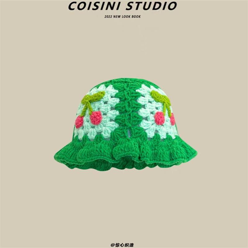 Ретро полая вязаная вручную шапка-горшок с цветком, женская осенне-зимняя, милая, универсальная, шерстяная шапка, демонстрирующая небольшой тренд