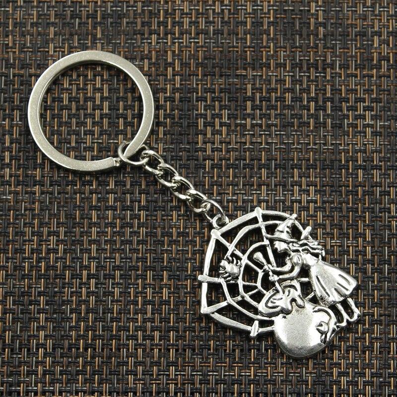 Модный брелок для ключей 30 мм, металлический брелок для ключей, ювелирные изделия, античное серебро, с цветным покрытием, ведьма, переработка наркотиков, паук, 38x30 мм, кулон