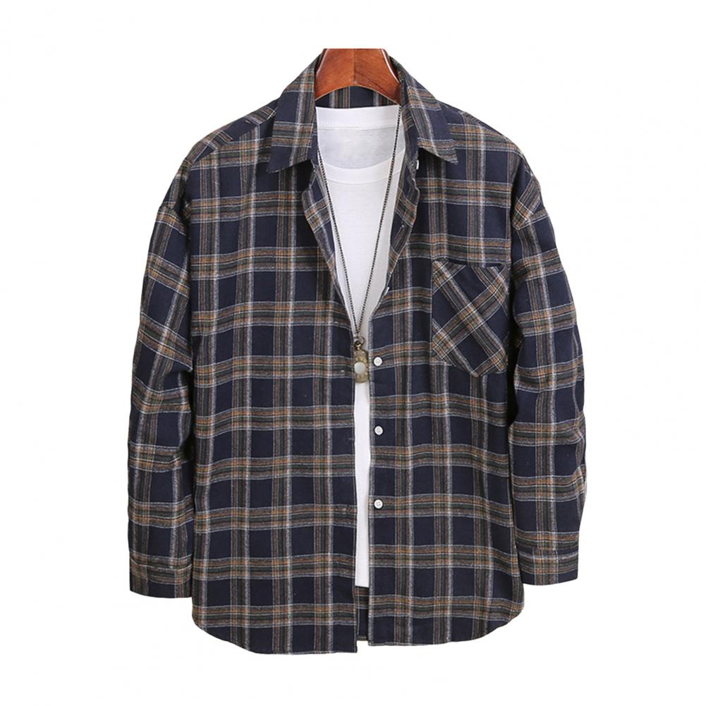 Мужская весенне-осенняя блузка с отложным воротником, однобортная, в клетку, с длинным рукавом, удобный крой, японский стиль, кардиган, официальный, деловой