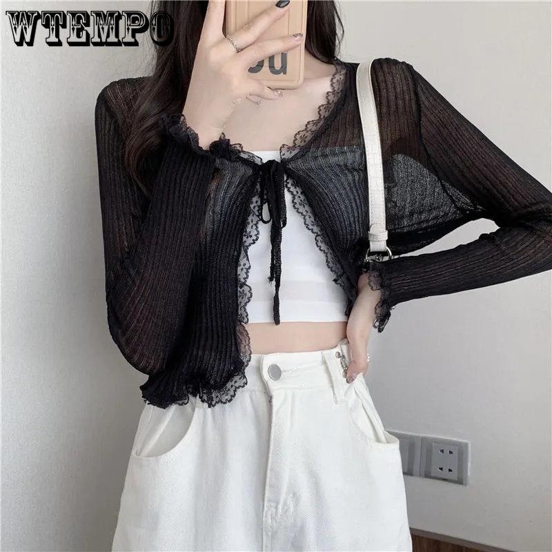 Summer Lace Cropped Sunscreen Cardigans Women New Basics Slim Lace-up Long Sleeve Thin See Through Knitted Tops 4 Colors