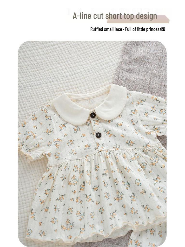 Летний хлопковый комплект из двух предметов для девочек с цветочным принтом: Дышащая, Ультратонкая футболка с коротким рукавом и увеличенной областью для подгузника для младенцев