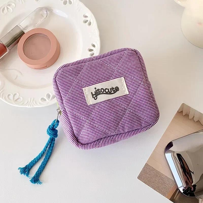 Мини-клетчатая многофункциональная косметичка для хранения помады, минималистичный клетчатый косметичка из полиэстера, маленький кошелек для монет на молнии