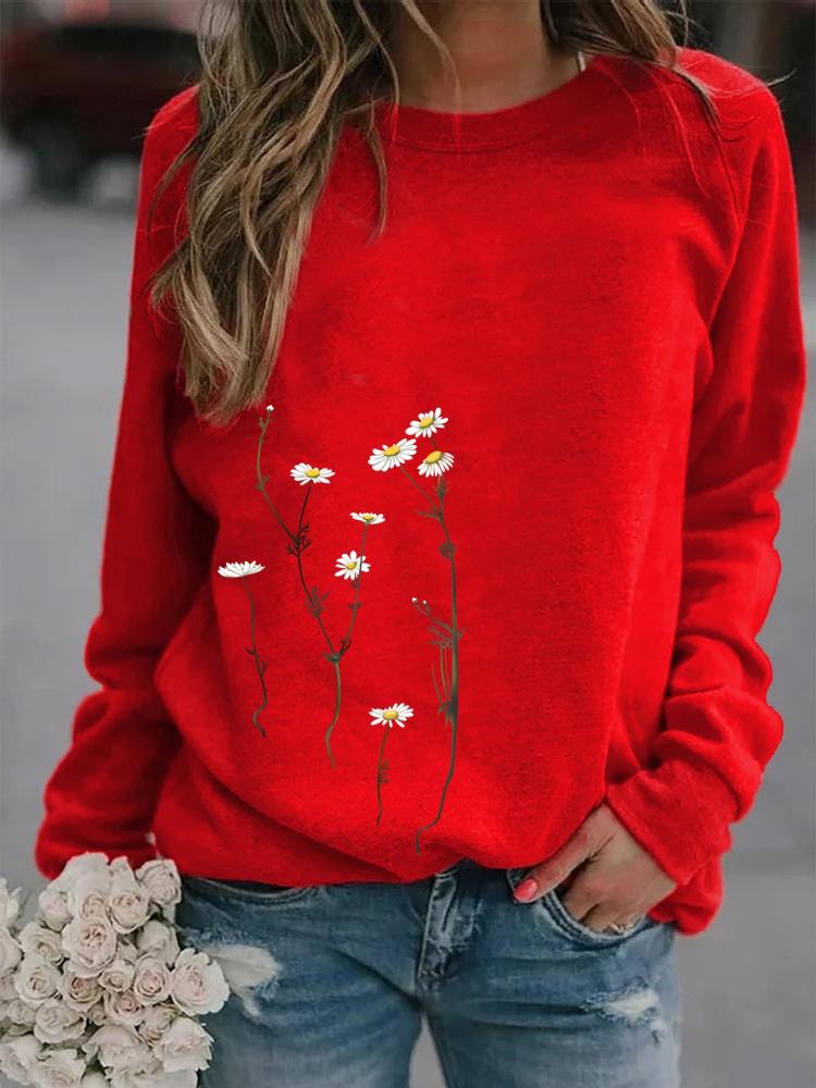 Women Winter Clothing Floral Printed Casual Sweatshirt Long Sleeve Tops T-shirt Ladies Round Neck Pullover Sweater