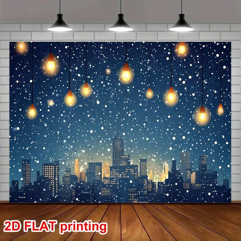 2D Winter City Skyline Backdrop, Snow & Light Bulb Party Background Cloth