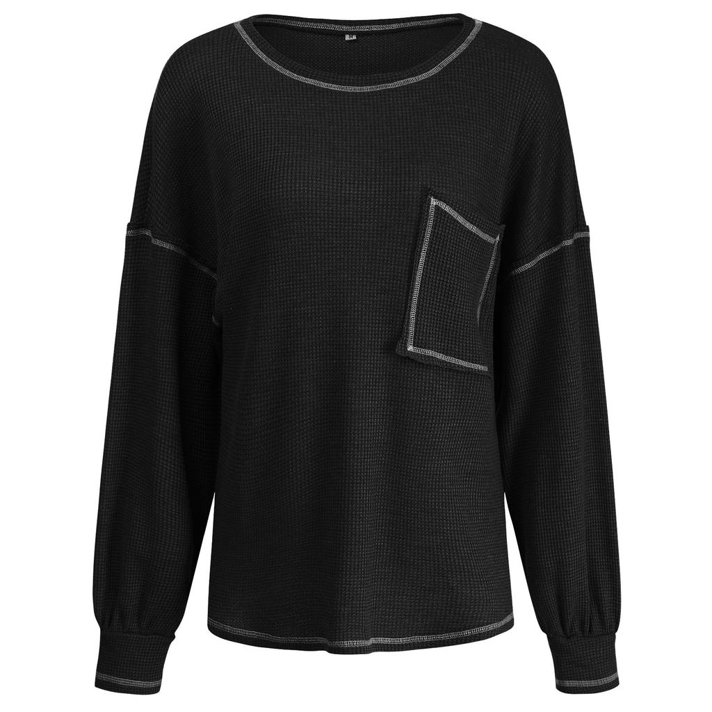 Женский однотонный осенний вязаный топ с длинными рукавами и карманами и круглым вырезом